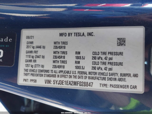 Tesla Model 3 Standard Range Plus Rear-wheel Drive 2021 5YJ3E1EA2MF028847 Image 9