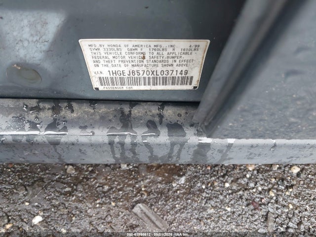 1999 Honda Civic Lx მანქანა იყიდება აუქციონზე, vin: 1HGEJ6570XL037149, აუქციონის ნომერი: 45998612