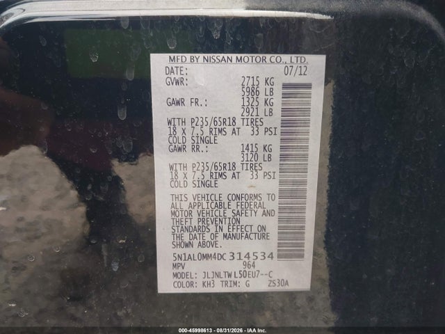 45998613 :رقم المزاد ، 5N1AL0MM4DC314534 vin ، 2013 Infiniti Jx35 مزاد بيع