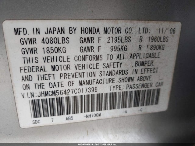 Aukcja sprzedaży 2007 Honda Accord 2.4 Lx, vin: JHMCM56427C017396, numer aukcji: 45998621