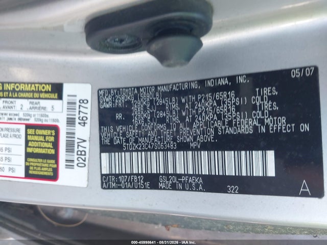 2007 Toyota Sienna Ce მანქანა იყიდება აუქციონზე, vin: 5TDZK23C47S063483, აუქციონის ნომერი: 45998641