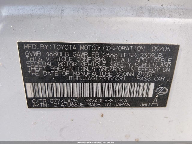 Продажа на аукционе авто 2007 Lexus Es 350, vin: JTHBJ46G172056091, номер лота: 45998656