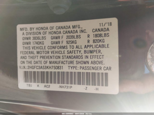 45998663 :رقم المزاد ، 2HGFC3A53KH750831 vin ، 2019 Honda Civic Si مزاد بيع