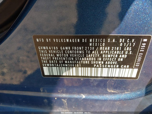 Продажа на аукционе авто 2017 Volkswagen Jetta 1.4t Se, vin: 3VWDB7AJ2HM306151, номер лота: 45998688