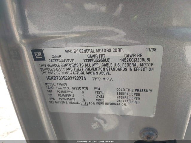 2009 Chevrolet Trailblazer Lt მანქანა იყიდება აუქციონზე, vin: 1GNDT33S292122374, აუქციონის ნომერი: 45998700