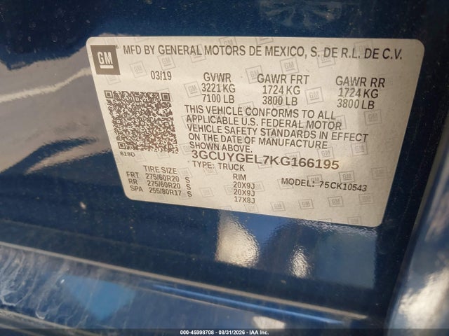 45998708 :رقم المزاد ، 3GCUYGEL7KG166195 vin ، 2019 Chevrolet Silverado 1500 Ltz مزاد بيع