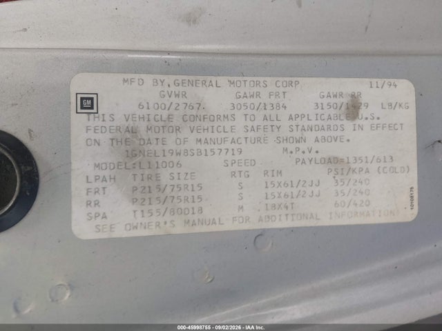 Aukcja sprzedaży 1995 Chevrolet Astro, vin: 1GNEL19W8SB157719, numer aukcji: 45998755