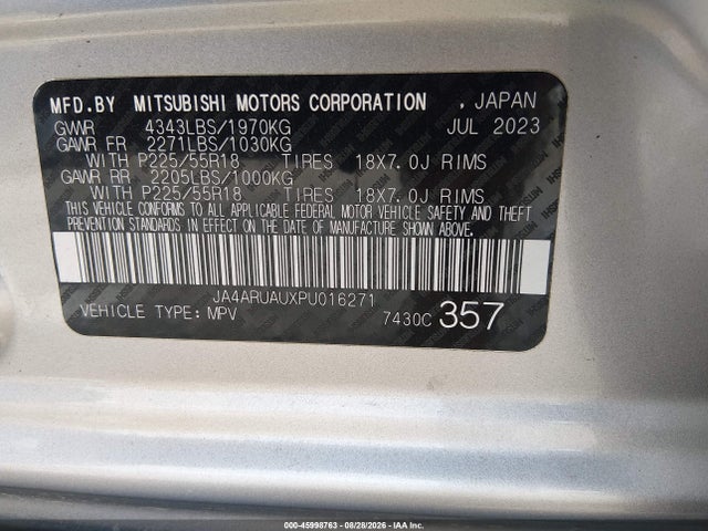 45998763 :رقم المزاد ، JA4ARUAUXPU016271 vin ، 2023 Mitsubishi Outlander Sport 2.0 Es Awc مزاد بيع