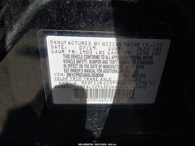 Aukcja sprzedaży 2019 Nissan Kicks Sv, vin: 3N1CP5CU6KL553040, numer aukcji: 45998766