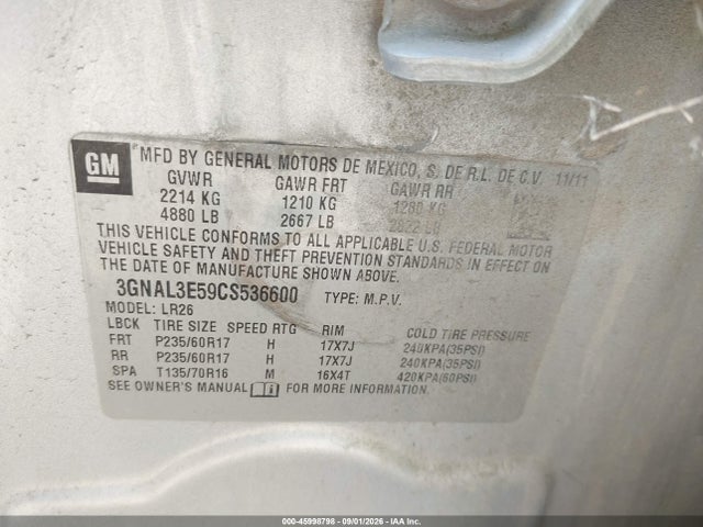 Aukcja sprzedaży 2012 Chevrolet Captiva Sport Lt, vin: 3GNAL3E59CS536600, numer aukcji: 45998798