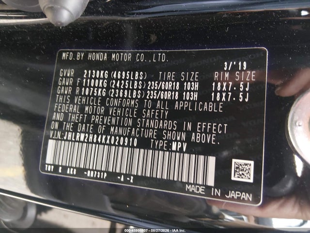 Aukcja sprzedaży 2019 Honda Cr-v Ex-l, vin: JHLRW2H84KX020910, numer aukcji: 45998807