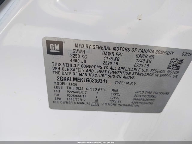 Продажа на аукционе авто 2016 Gmc Terrain Sle-1, vin: 2GKALMEK1G6299341, номер лота: 45998810