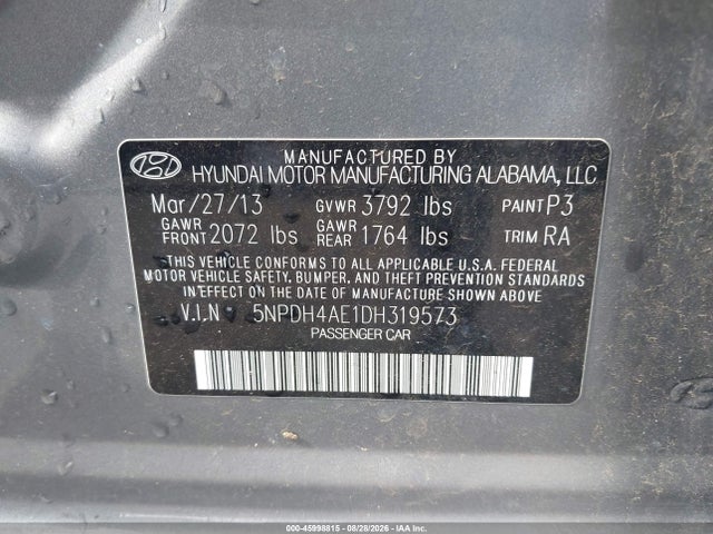 45998815 :رقم المزاد ، 5NPDH4AE1DH319573 vin ، 2013 Hyundai Elantra Gls مزاد بيع