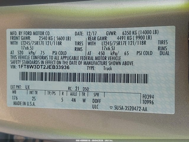 Aukcja sprzedaży 2018 Ford F-350 Xlt, vin: 1FT8W3DT2JEB33936, numer aukcji: 45998816