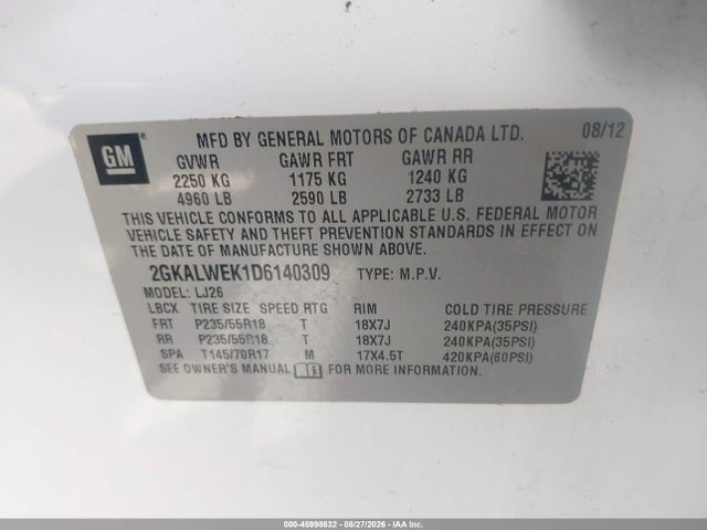 Продажа на аукционе авто 2013 Gmc Terrain Slt-2, vin: 2GKALWEK1D6140309, номер лота: 45998832