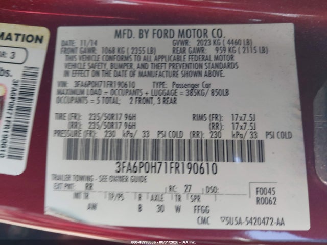 Продажа на аукционе авто 2015 Ford Fusion Se, vin: 3FA6P0H71FR190610, номер лота: 45998836
