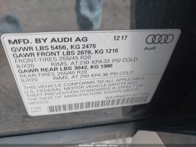 45998849 :رقم المزاد ، WA1BNAFY1J2111069 vin ، 2018 Audi Q5 2.0t Premium/2.0t Tech Premium مزاد بيع