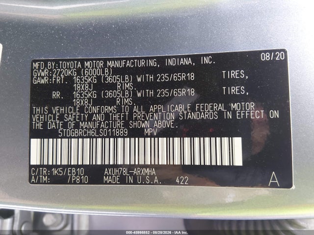 5TDGBRCH6LS011889 Toyota Highlander Hybrid Xle