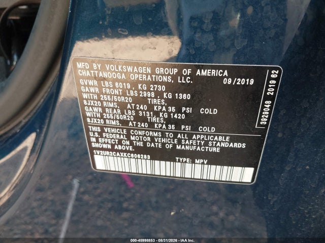 Aukcja sprzedaży 2019 Volkswagen Atlas 3.6l V6 Se W/technology, vin: 1V2UR2CAXKC606283, numer aukcji: 45998853