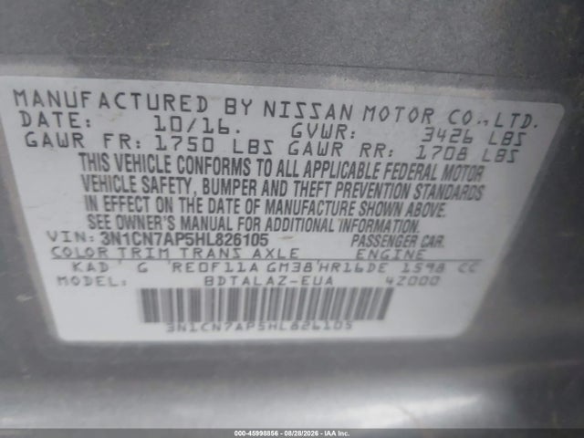 Aukcja sprzedaży 2017 Nissan Versa 1.6 S+, vin: 3N1CN7AP5HL826105, numer aukcji: 45998856