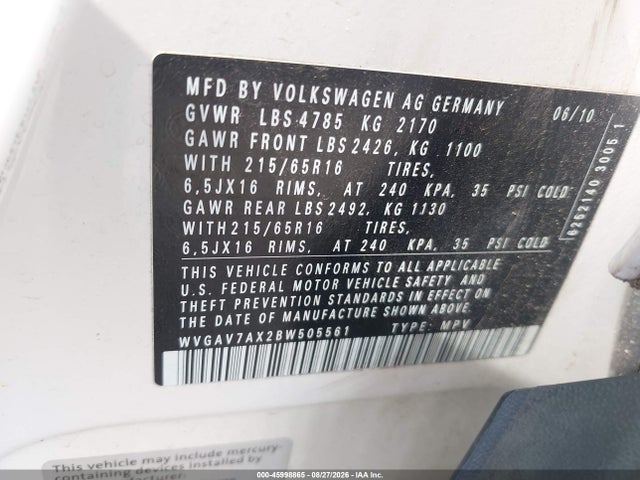 45998865 :رقم المزاد ، WVGAV7AX2BW505561 vin ، 2011 Volkswagen Tiguan S مزاد بيع