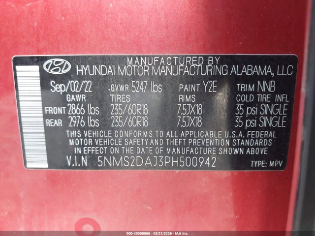 2023 Hyundai Santa Fe Sel მანქანა იყიდება აუქციონზე, vin: 5NMS2DAJ3PH500942, აუქციონის ნომერი: 45998866