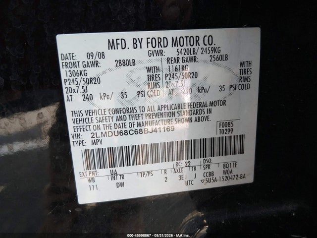 Продажа на аукционе авто 2008 Lincoln Mkx, vin: 2LMDU68C68BJ41169, номер лота: 45998867