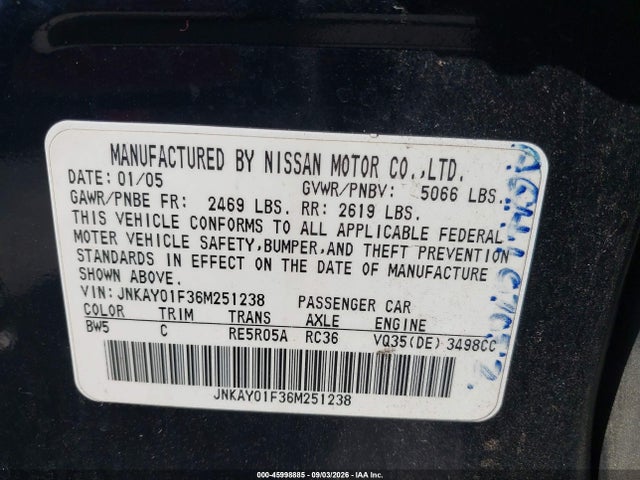 45998885 :رقم المزاد ، JNKAY01F36M251238 vin ، 2006 Infiniti M35x مزاد بيع