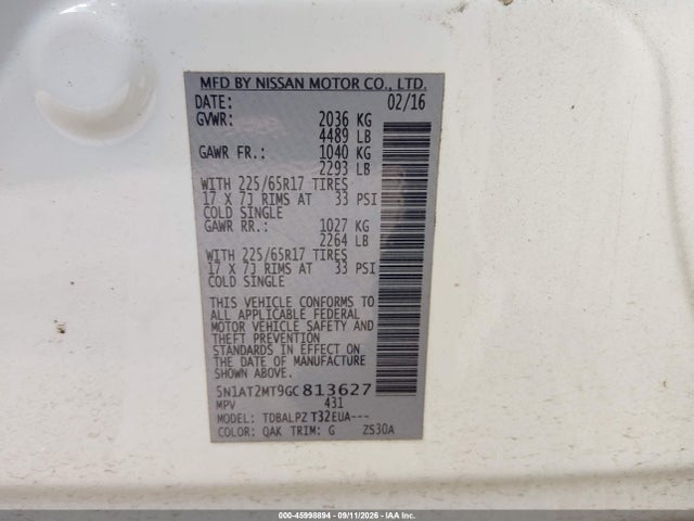 5N1AT2MT9GC813627 Nissan Rogue S/sl/sv