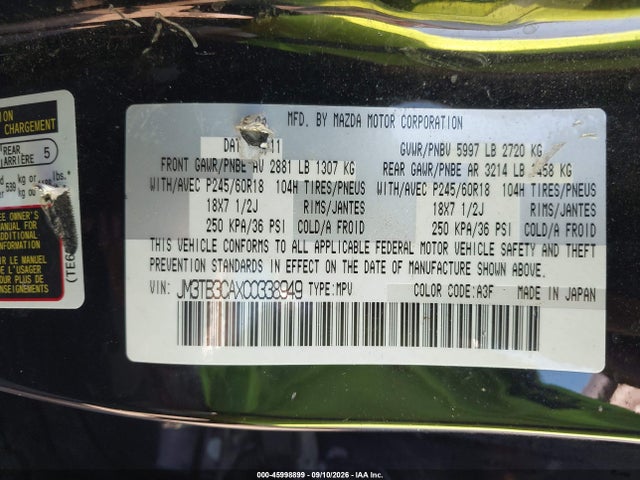 2012 Mazda Cx-9 Touring მანქანა იყიდება აუქციონზე, vin: JM3TB3CAXC0338949, აუქციონის ნომერი: 45998899