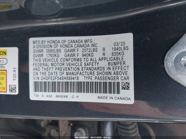 Aukcja sprzedaży 2025 Honda Civic Sport, vin: 2HGFE2F54SH589418, numer aukcji: 45998907