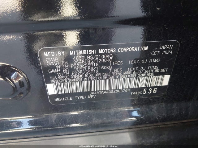 Aukcja sprzedaży 2025 Mitsubishi Eclipse Cross Black Edition S-awc/se S-awc/sel S-awc, vin: JA4ATWAA3SZ003764, numer aukcji: 45998909