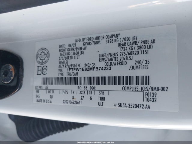 Aukcja sprzedaży 2021 Ford F-150 Platinum, vin: 1FTFW1E82MFB74233, numer aukcji: 45998910