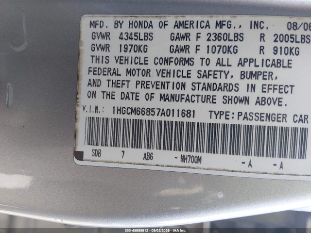 Aukcja sprzedaży 2007 Honda Accord 3.0 Ex, vin: 1HGCM66857A011681, numer aukcji: 45998912