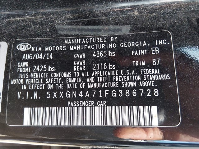 Продажа на аукционе авто 2015 Kia Optima Ex, vin: 5XXGN4A71FG386728, номер лота: 45998916