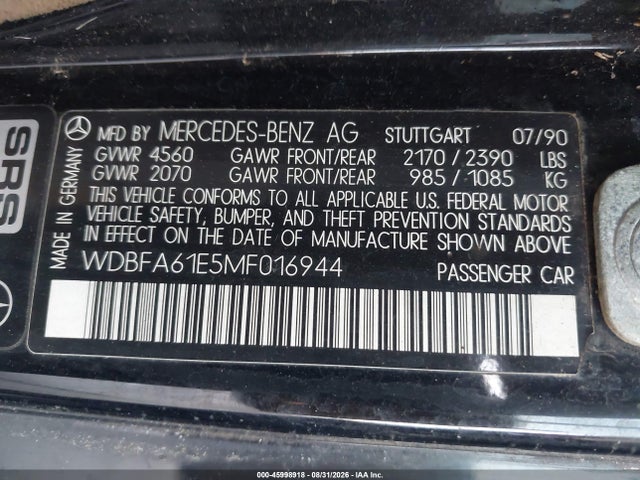 1991 Mercedes-benz 300 Sl მანქანა იყიდება აუქციონზე, vin: WDBFA61E5MF016944, აუქციონის ნომერი: 45998918