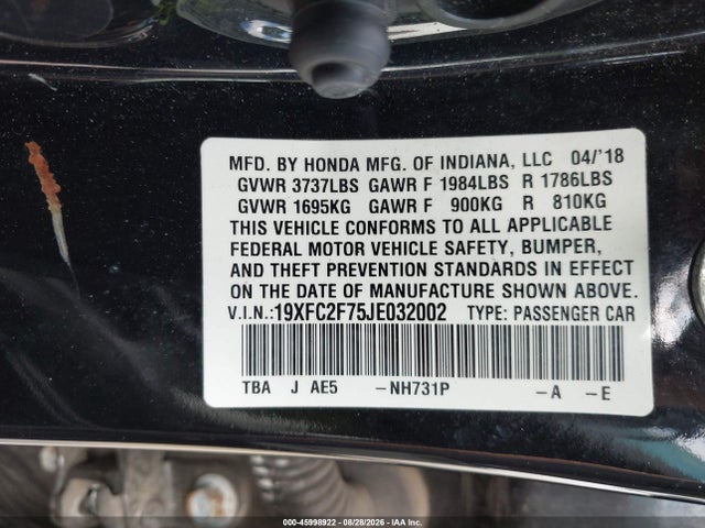 Aukcja sprzedaży 2018 Honda Civic Ex, vin: 19XFC2F75JE032002, numer aukcji: 45998922