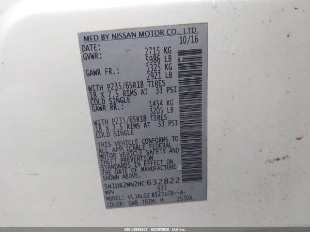 45998927 :رقم المزاد ، 5N1DR2MN2HC632822 vin ، 2017 Nissan Pathfinder Sl مزاد بيع