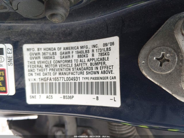 Продаж на аукціоні авто 2007 Honda Civic Lx, vin: 1HGFA16577L004931, номер лоту: 45998936