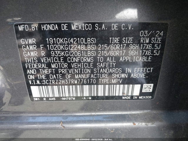 Honda Hr-v Awd Lx 2024 3CZRZ2H37RM776170 Image 9