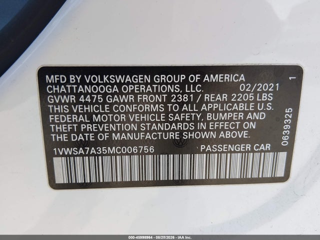 45998964 :رقم المزاد ، 1VWSA7A35MC006756 vin ، 2021 Volkswagen Passat 2.0t Se مزاد بيع