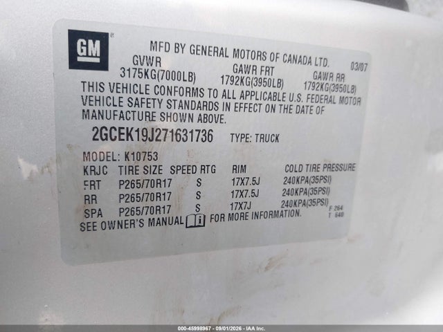 Продажа на аукционе авто 2007 Chevrolet Silverado 1500 Lt1, vin: 2GCEK19J271631736, номер лота: 45998967