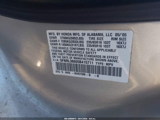 45998975 :رقم المزاد ، 5FNRL38605B415711 vin ، 2005 Honda Odyssey Ex-l مزاد بيع