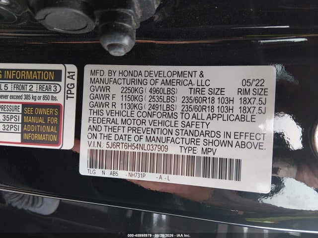 Aukcja sprzedaży 2022 Honda Cr-v Hybrid Ex, vin: 5J6RT6H54NL037909, numer aukcji: 45998979