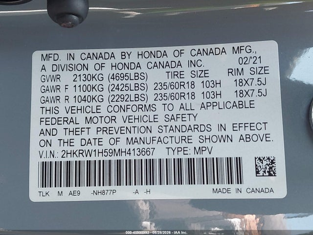 Honda Cr-v 2wd Ex 2021 2HKRW1H59MH413667 Image 9