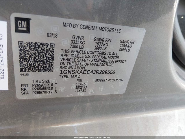 Продаж на аукціоні авто 2018 Chevrolet Tahoe Ls, vin: 1GNSKAEC4JR299556, номер лоту: 45998996