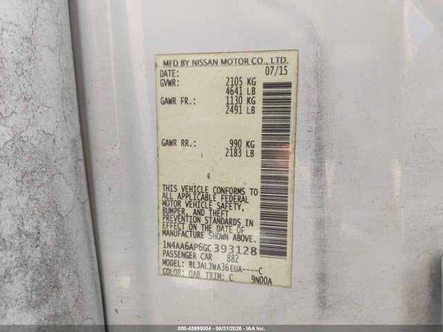 45999004 :رقم المزاد ، 1N4AA6AP6GC393128 vin ، 2016 Nissan Maxima 3.5 Sv مزاد بيع