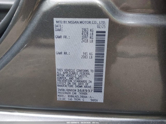 Auction sale of the 2025 Nissan Altima Sv Fwd, vin: 1N4BL4DVXSN368937, lot number: 45999010