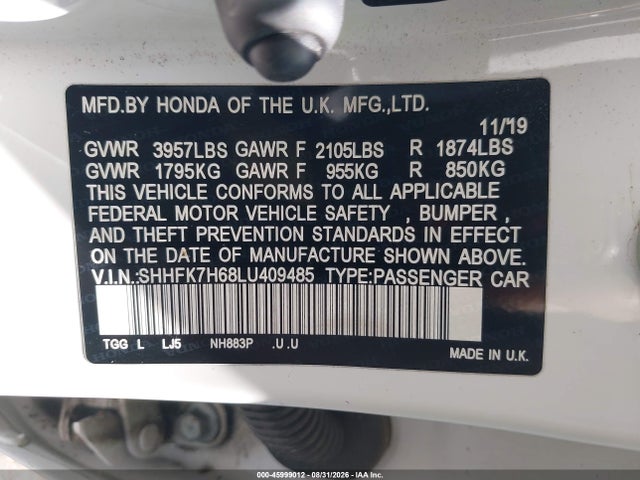 Aukcja sprzedaży 2020 Honda Civic Ex, vin: SHHFK7H68LU409485, numer aukcji: 45999012