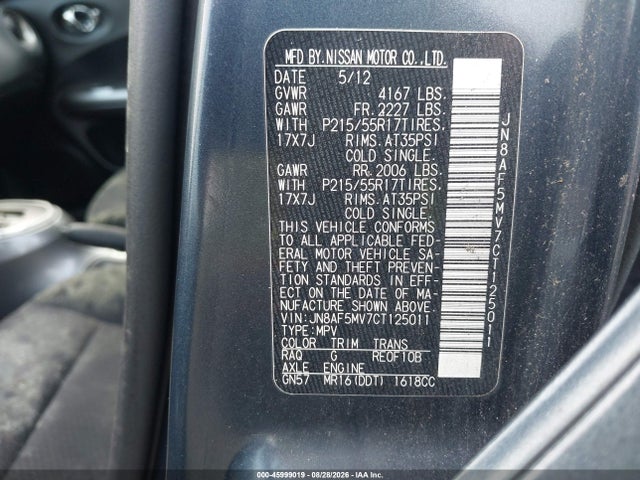45999019 :رقم المزاد ، JN8AF5MV7CT125011 vin ، 2012 Nissan Juke Sv مزاد بيع
